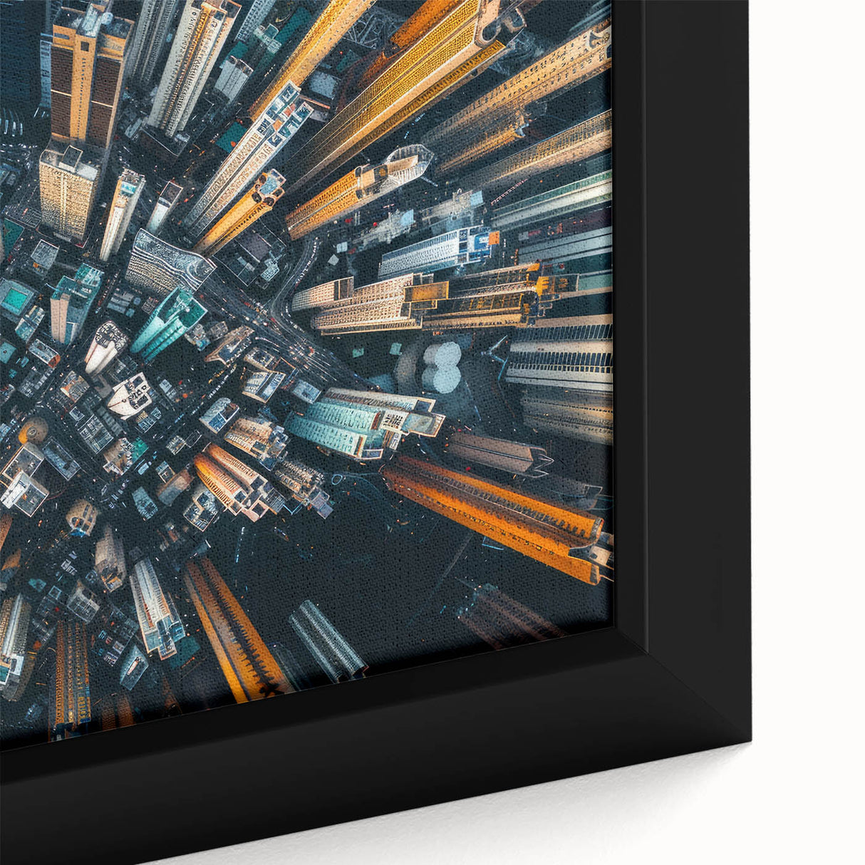 Framed canvas of Hong Kong skyline in black with colorful, textured details, ideal for living room decor.