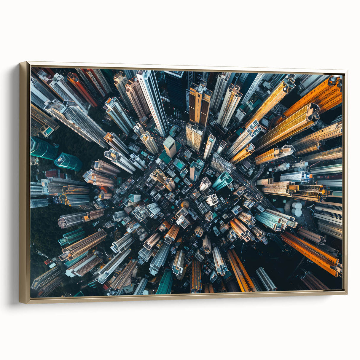Framed canvas depicting a vintage-style Hong Kong landscape in black and gold, suitable for bedroom wall art.