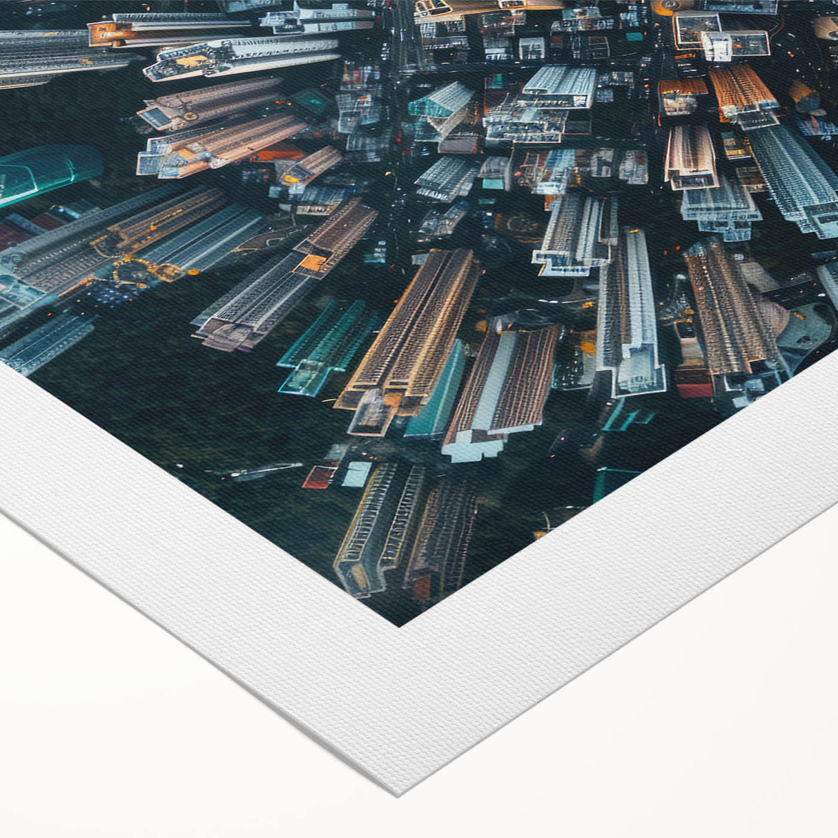 Art deco poster of Hong Kong skyline in muted gray and blue tones on rolled canvas, suitable for dining room decor.