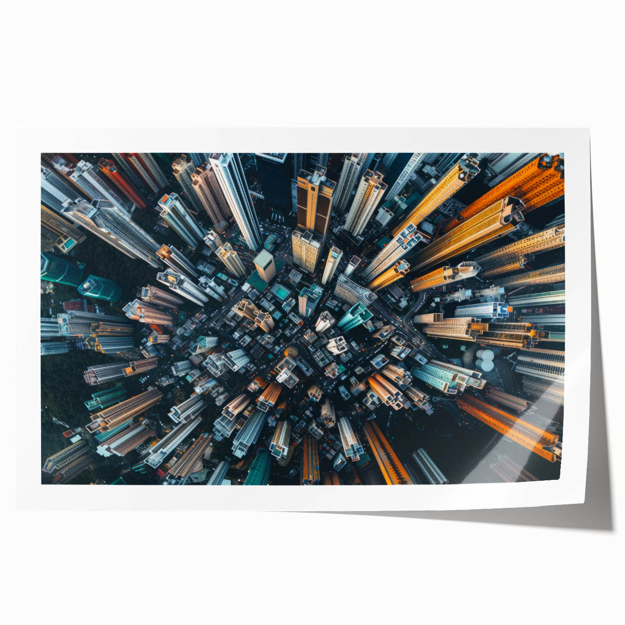 Rolled print of Hong Kong skyline in muted gray and blue tones, ideal for art wall dining room.