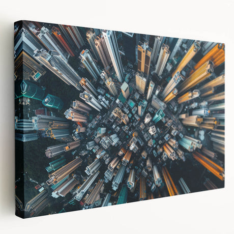 Panoramic view of Hong Kong skyline in muted gray and blue tones on stretched canvas, suitable for kitchen wall art.