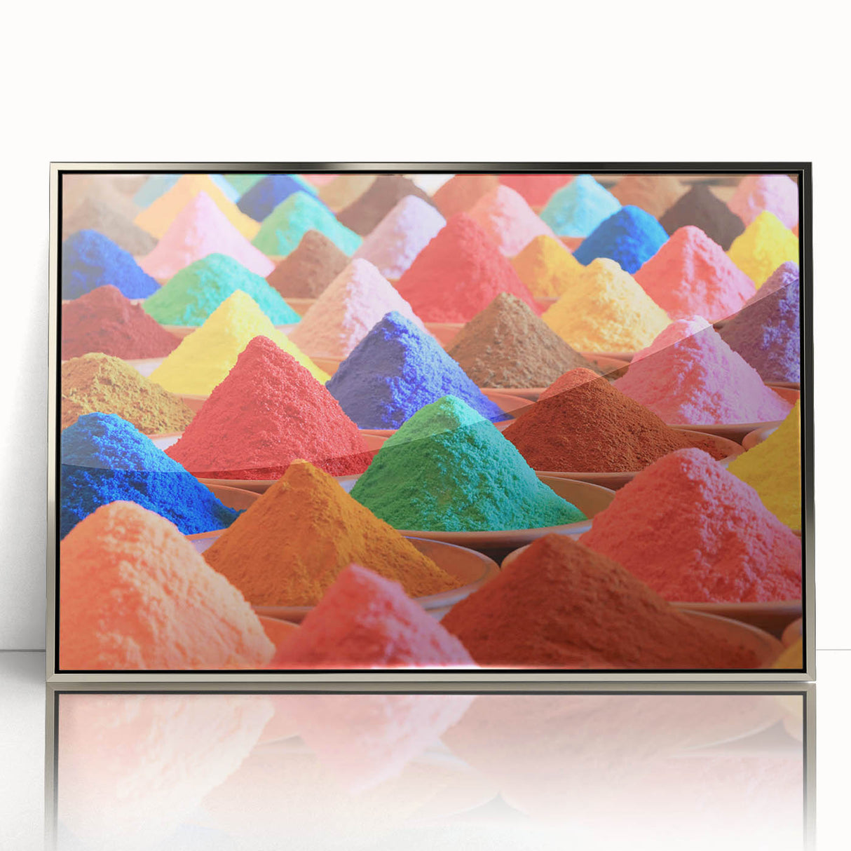 Mid-century modernist art depicting an Asian landscape in muted earth tones on a silver-framed acrylic print.