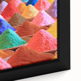 Extra large framed canvas featuring a textured depiction of an Asian Indian scenery in black with colorful art accents.