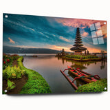 Large abstract wall art depicting an Indonesian landscape in muted earth tones on acrylic glass.