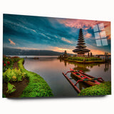 Large abstract wall art of Indonesian scenery in muted earth tones on acrylic glass, ideal for bedroom or dining room decor.