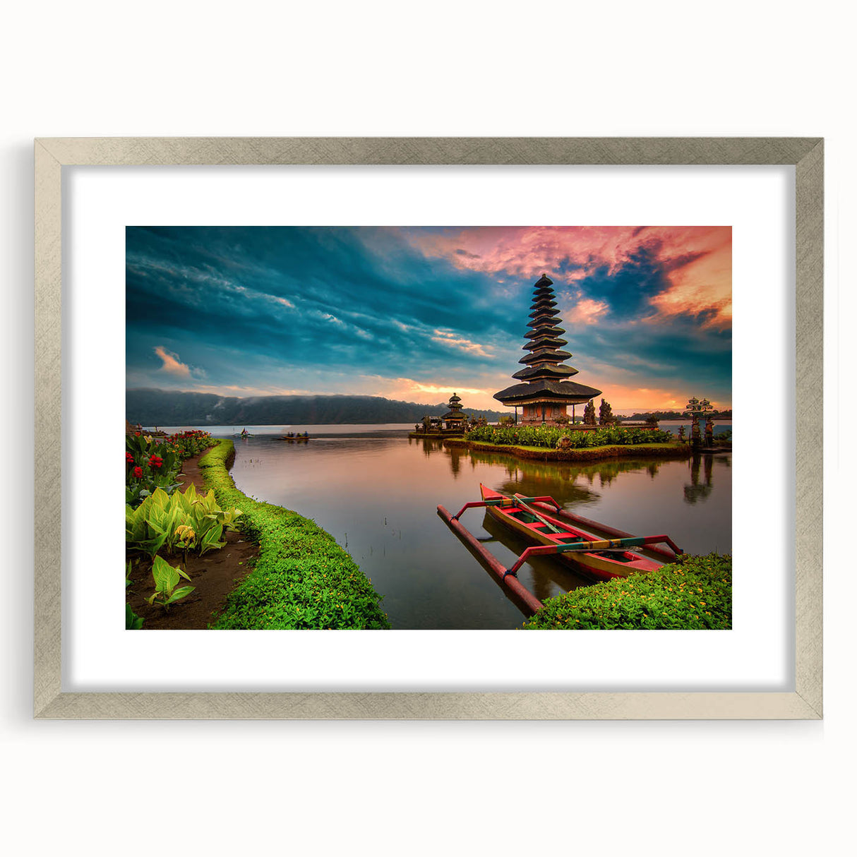 Textured abstract art print of an Indonesian landscape in muted earth tones on a framed canvas, suitable for bedroom decor.