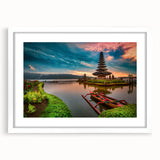 Abstract art print of an Indonesian landscape in muted earth tones on a framed white mat, suitable for dining room decor.