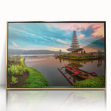 Mid-century modernist style framed acrylic print of an Indonesian landscape in muted earth tones.