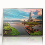 Mid-century modernist art depicting an Indonesian landscape in muted earth tones on a framed acrylic print.