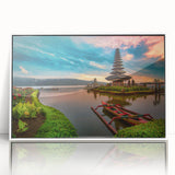 Acrylic print of a serene Indonesian landscape in soft pastel shades, framed in white.