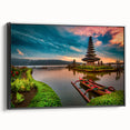 Black and white framed canvas featuring a vintage-style Indonesian landscape, suitable for bedroom decor.