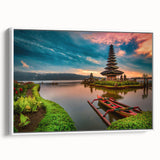 Vintage poster art of a scenic Indonesian landscape in vibrant colors on a large framed canvas, ideal for living room decor.
