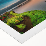 Art deco poster of an Indonesian landscape in muted green and brown tones on rolled canvas, suitable for dining room decor.