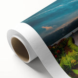 Art deco poster of Indonesian landscape in soft pastel colors on rolled canvas, great for nursery wall art.