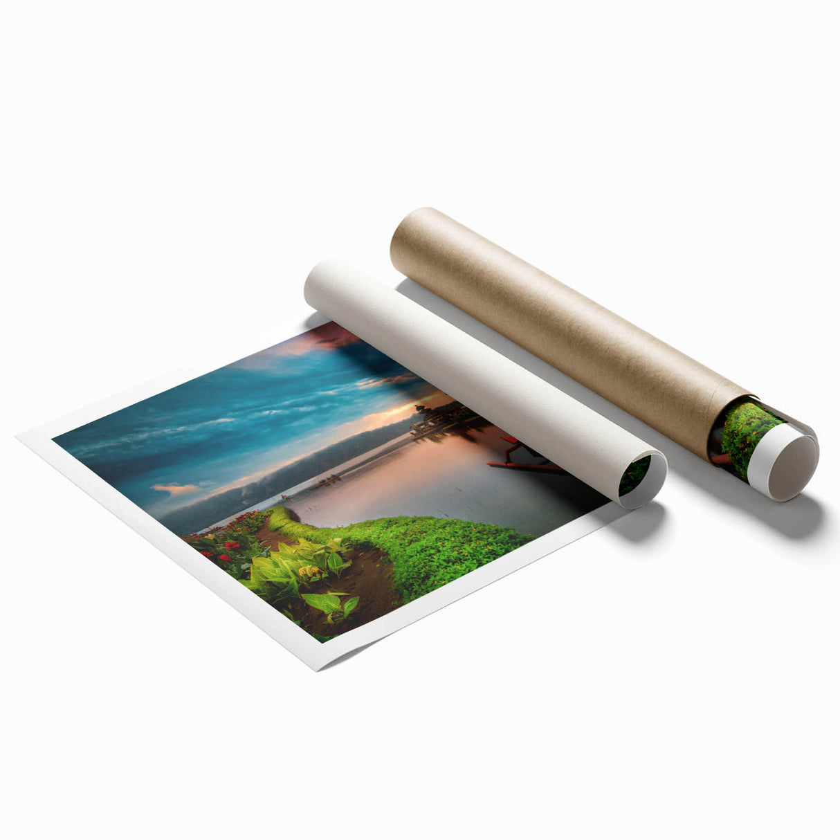 Extra large rolled print of a serene Indonesian landscape with floral elements in soft green and blue tones.