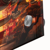 Large abstract wall art depicting a Kyoto scenery in muted earth tones on acrylic glass, ideal for dining room ambiance.