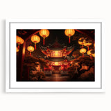 Abstract art print of a Kyoto landscape in muted green and brown tones on a framed white mat, suitable for dining room decor.