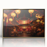 Large art print of a Kyoto scenery in acrylic, framed in gold, showcasing mid-century modernist style.