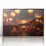 Mid-century modernist art depicting a serene Kyoto landscape in soft pastel shades, framed in silver acrylic.