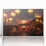 Acrylic print of a serene Kyoto landscape in soft pastel hues, framed in white, suitable for modern nursery decor.