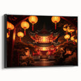 Black and white wall art featuring a vintage poster style landscape of Kyoto on framed canvas, ideal for bedroom decor.