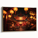 Framed canvas depicting a vintage-style Japanese landscape in black and gold, ideal for bedroom wall art.