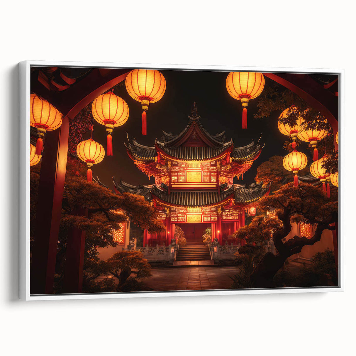 Vintage poster art of Kyoto scenery in vibrant colors on framed canvas, ideal for living room decor.