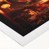 Art deco poster of Kyoto scenery in muted earth tones on rolled canvas, suitable for dining room wall art.