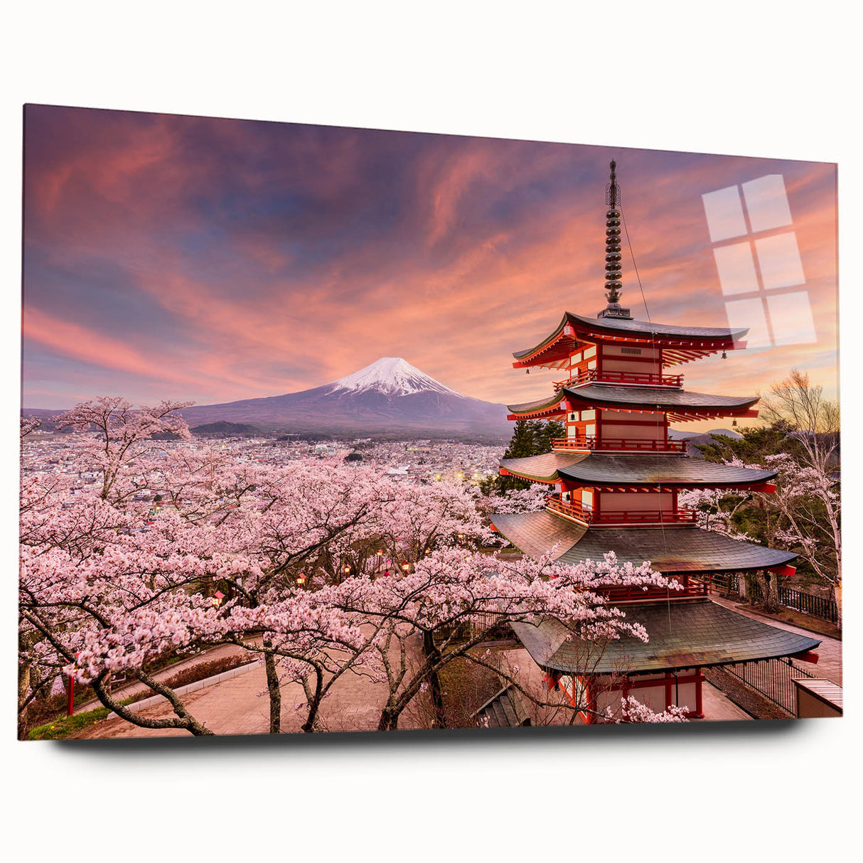 Acrylic print of a large abstract depiction of a Japanese landscape in muted earth tones.