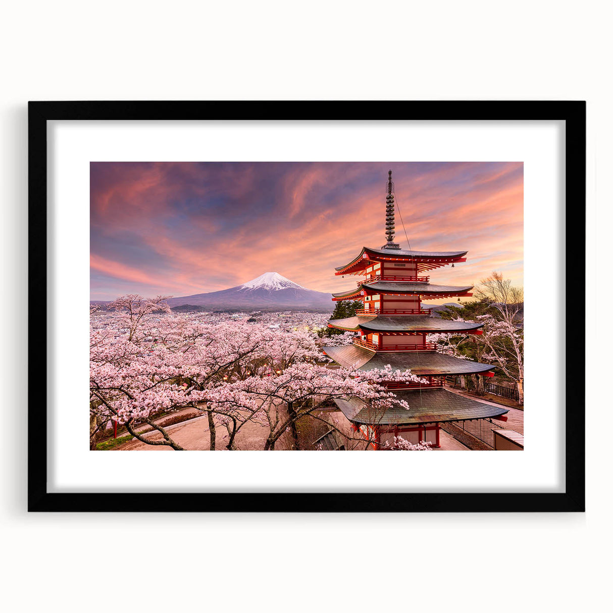 Extra large abstract art print with vibrant, colorful textures depicting Asian scenery, framed in black.