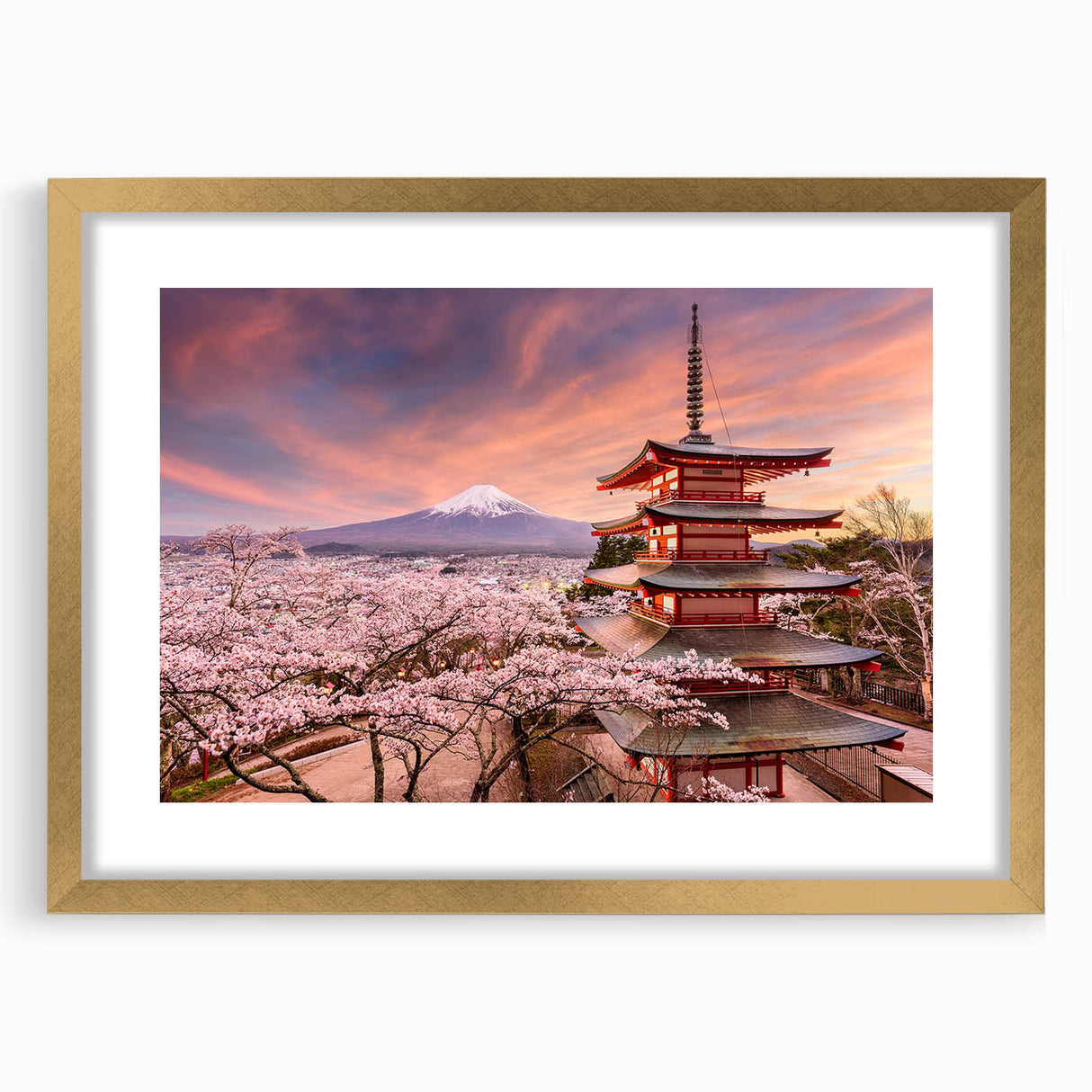 Extra large abstract art print of a Japanese scenery in muted gold and earth tones, framed with a mat.