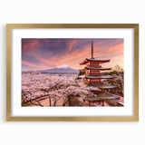 Extra large abstract art print of a Japanese scenery in muted gold and earth tones, framed with a mat.