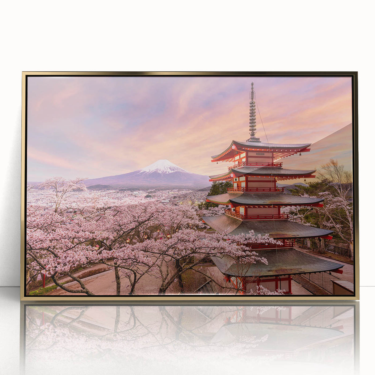 Large art print of a serene Japanese landscape in soft pastel shades on framed acrylic, suitable for modern art wall decor.