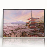 Mid-century modernist art depicting a serene Japanese landscape in soft pastel colors on a framed acrylic panel.