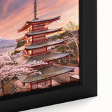 Extra large framed canvas featuring a textured depiction of a Japanese scenery in black with colorful accents.