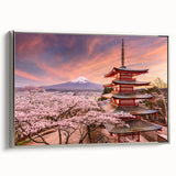 Framed canvas featuring a vintage-style Japanese landscape with vibrant colors on a black background.