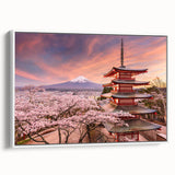Vintage poster art of a Japanese scenery in vibrant colors on a large framed canvas, suitable for living room decor.