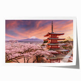 Japanese cherry blossom scene in soft pink and white hues on a rolled canvas, suitable for dining room or bathroom decor.