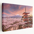 Large art depicting a serene Japanese landscape in muted greens and blues on stretched canvas, ideal for kitchen wall art.