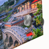 Large abstract wall art depicting Asian scenery in muted earth tones on acrylic glass, suitable for dining room ambiance.