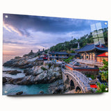 Large abstract wall art featuring an Asian landscape in muted earth tones on acrylic glass.