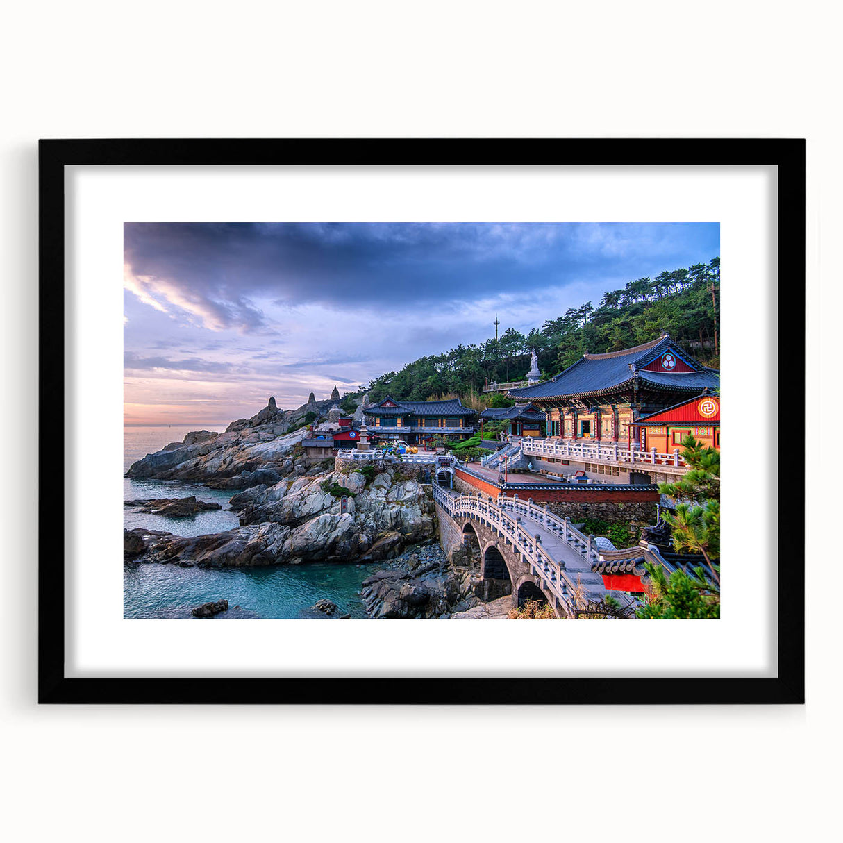 Extra large abstract art print depicting a colorful, textured Korean landscape on a framed canvas.