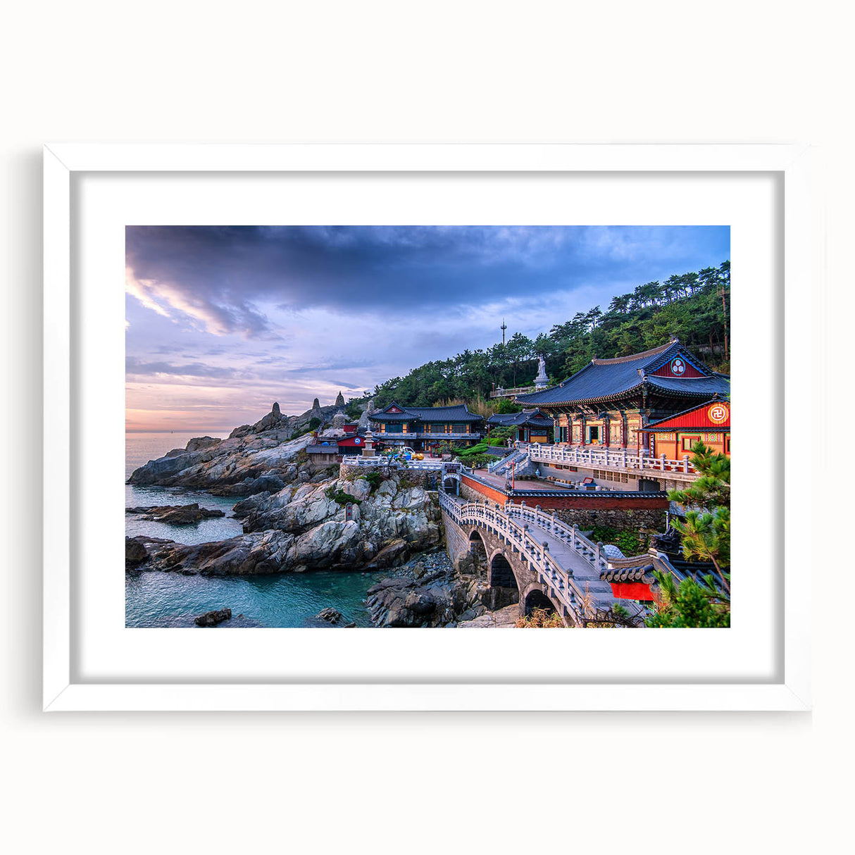 Abstract art print of a Korean landscape in muted earth tones on a framed white canvas, suitable for dining room decor.