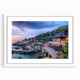 Abstract art print of a Korean landscape in muted earth tones on a framed white canvas, suitable for dining room decor.