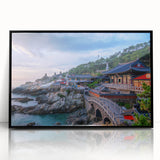 Large abstract wall art featuring a mid-century modernist Korean landscape in muted earth tones, framed in black acrylic.