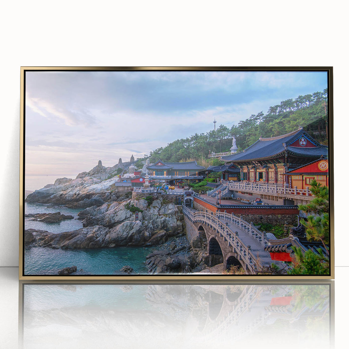 Mid-century modernist style large art print of a serene Korean landscape in gold and green tones, framed acrylic.