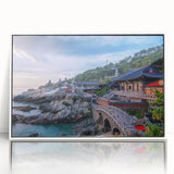 Acrylic print of a serene Korean landscape in muted green and blue tones, framed in white.