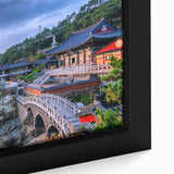 Extra large framed canvas featuring a textured depiction of a Korean scenery in black with colorful art accents.