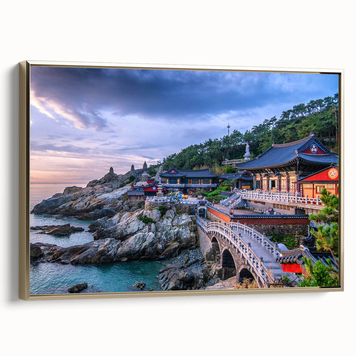 Framed canvas featuring a vintage-style Korean landscape in muted gold and black tones, ideal for bedroom wall decor.