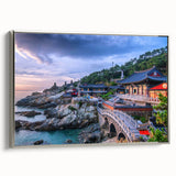 Framed canvas depicting a vintage-style Korean landscape with vibrant colors on a black background.